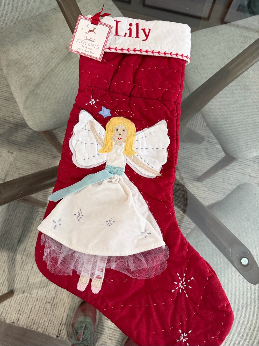 Pottery Barn Kids Red Angel Quilted Christmas Stocking with Personalized Cuff